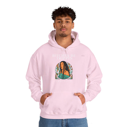 English 'Bitches be trippin & drippin', Native Woman Long hair - Unisex Heavy Blend Hoodie - Rude Translation Clothing