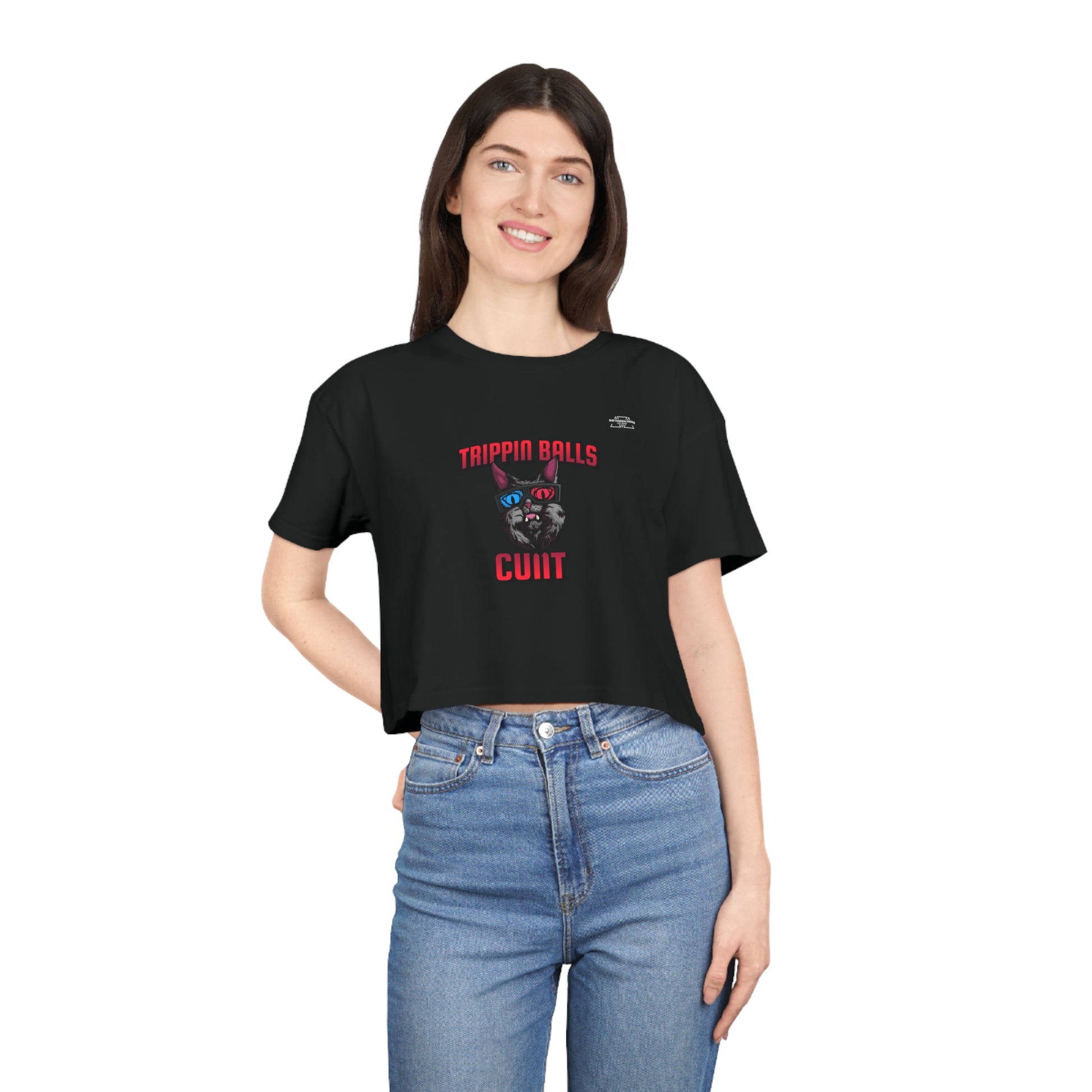 Cat - Women's Crop Tee, English 'Trippin balls cunt' - Rude Translation Clothing