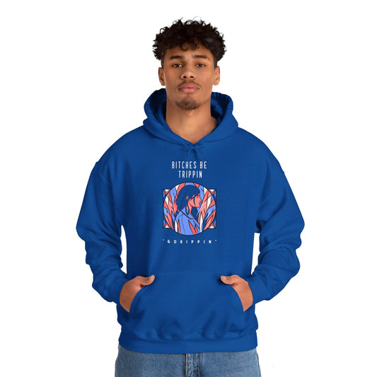 English 'Bitches be trippin & drippin', Woman Blue Leaves - Unisex Heavy Blend Hoodie - Rude Translation Clothing