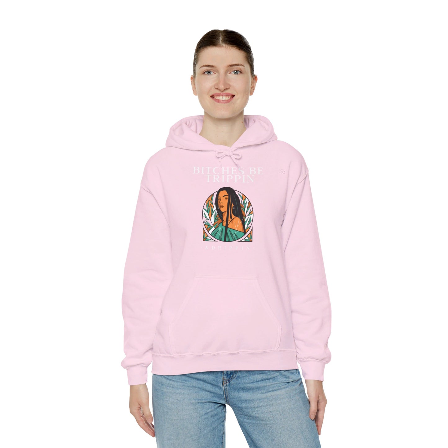 English 'Bitches be trippin & drippin', Native Woman Long hair - Unisex Heavy Blend Hoodie - Rude Translation Clothing