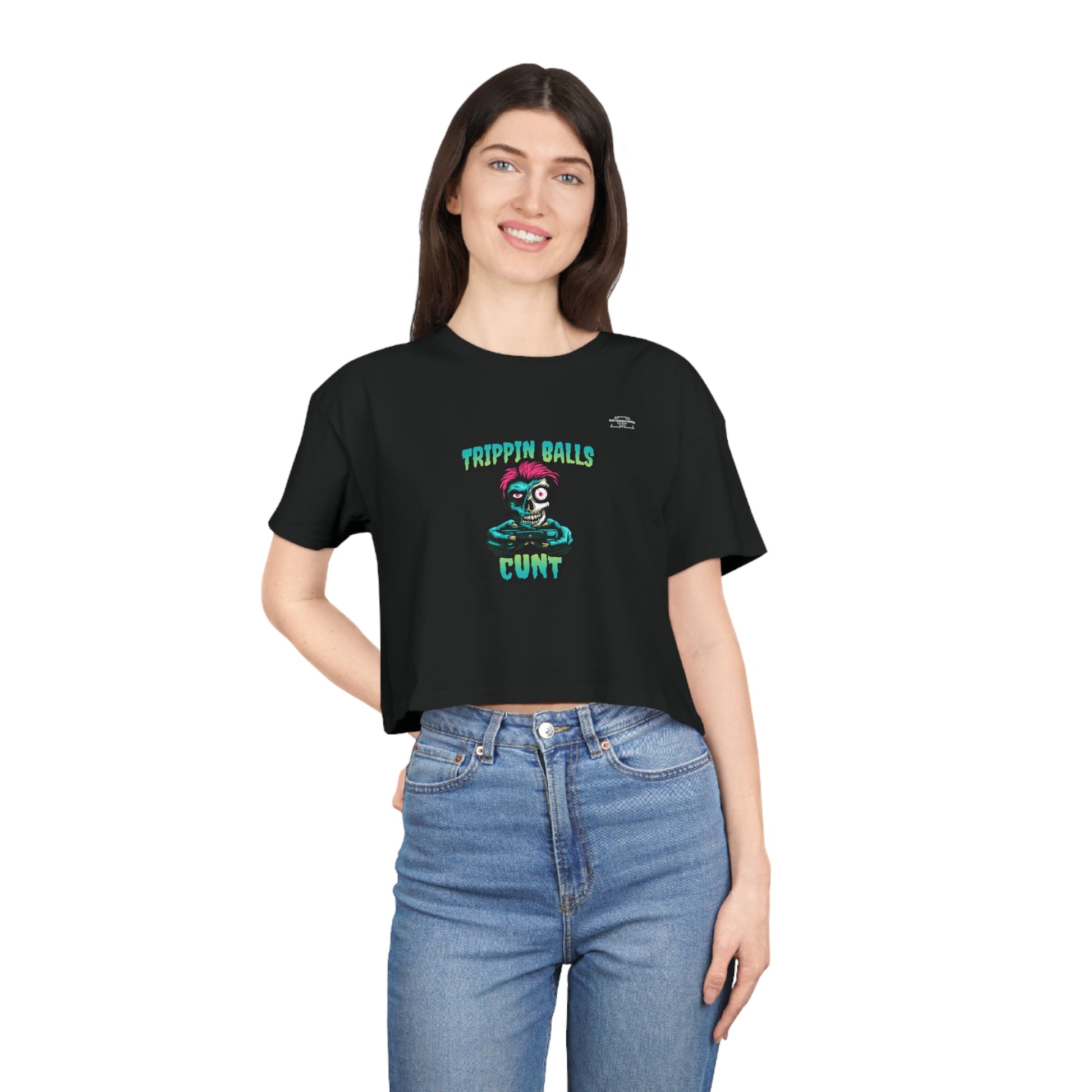 Skull - Women's Crop Tee, English 'Trippin balls cunt' - Rude Translation Clothing