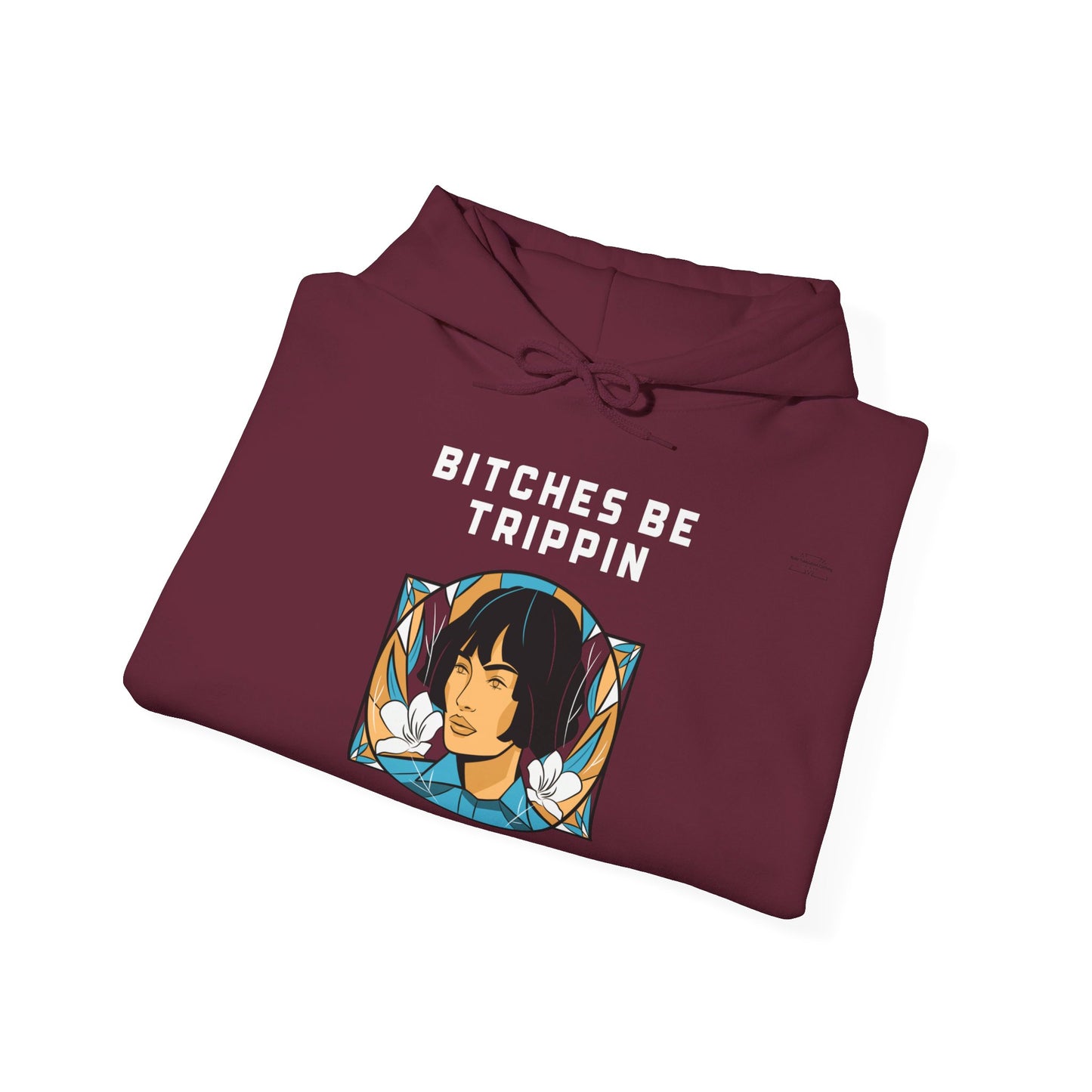 English 'Bitches be trippin & drippin', Woman Short Black Hair - Unisex Heavy Blend Hoodie - Rude Translation Clothing