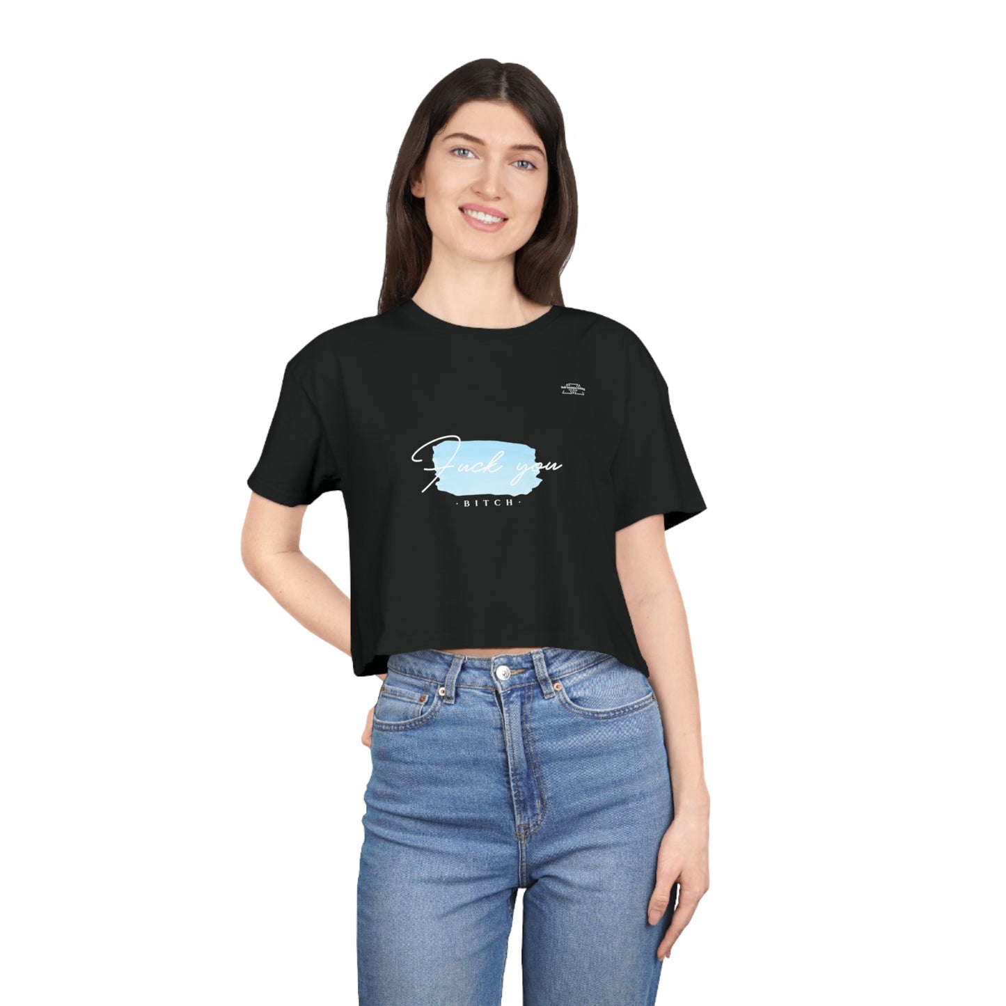 Blue - Women's Crop Tee, English 'Fuck you bitch' - Rude Translation Clothing