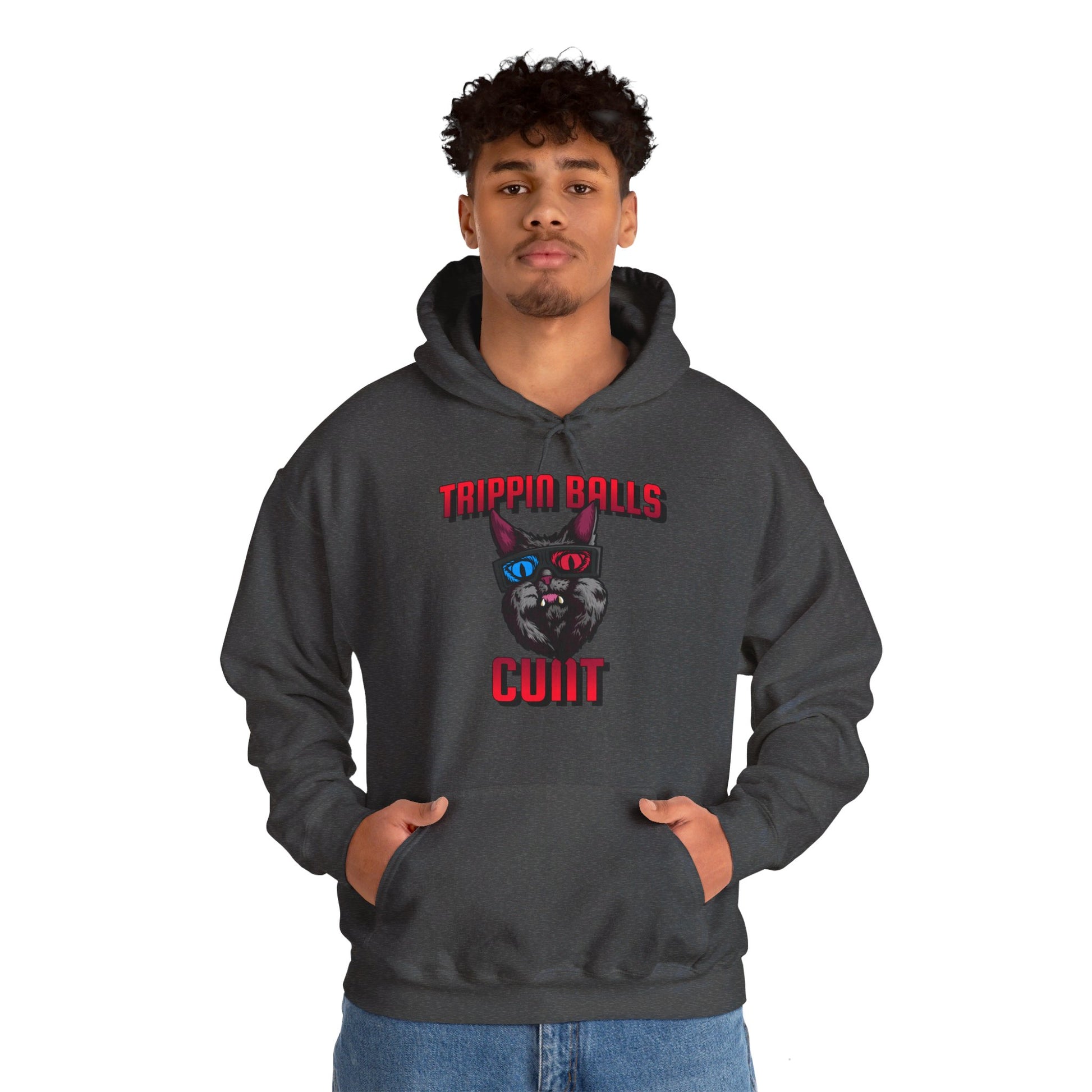 English 'Trippin balls cunt', 3D Glasses Cat - Unisex Heavy Blend Hoodie - Rude Translation Clothing