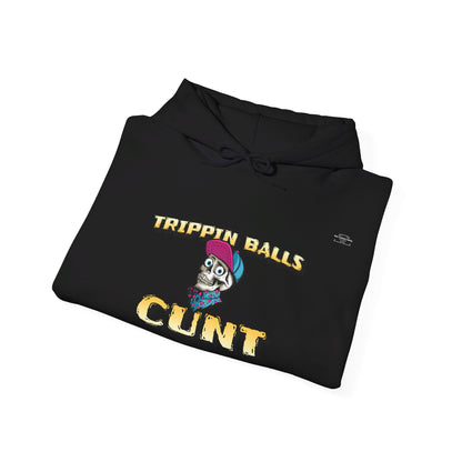 English 'Trippin balls cunt', Skull wearing cap - Unisex Heavy Blend Hoodie - Rude Translation Clothing