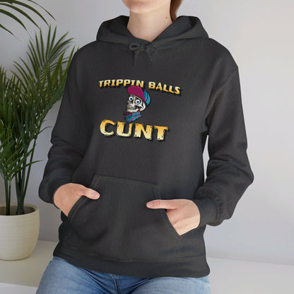 English 'Trippin balls cunt', Skull wearing cap - Unisex Heavy Blend Hoodie - Rude Translation Clothing