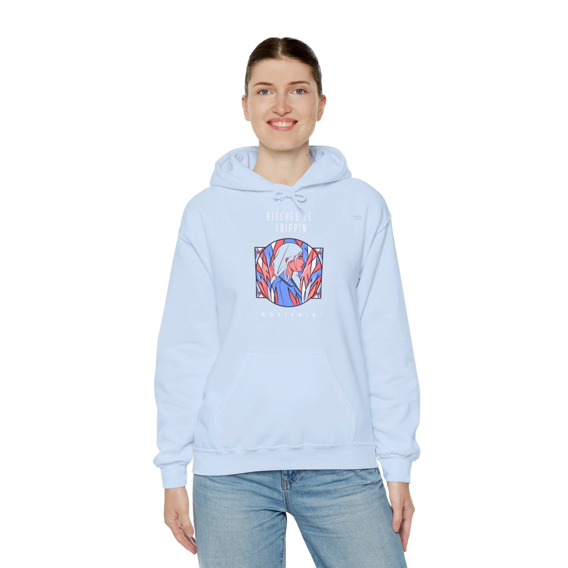 English 'Bitches be trippin & drippin', Woman Blue Leaves - Unisex Heavy Blend Hoodie - Rude Translation Clothing