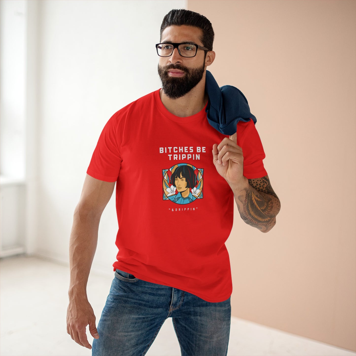 Short hair - Men's Staple Tee, English 'Bitches be trippin & drippin' - Rude Translation Clothing