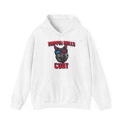 English 'Trippin balls cunt', 3D Glasses Cat - Unisex Heavy Blend Hoodie - Rude Translation Clothing