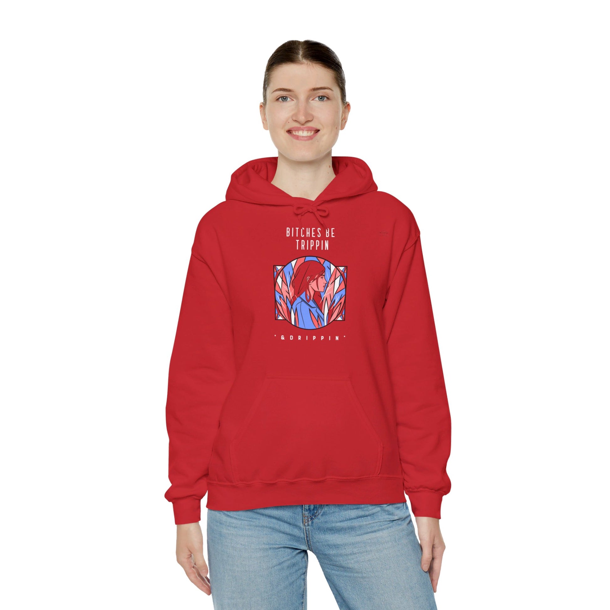 English 'Bitches be trippin & drippin', Woman Blue Leaves - Unisex Heavy Blend Hoodie - Rude Translation Clothing