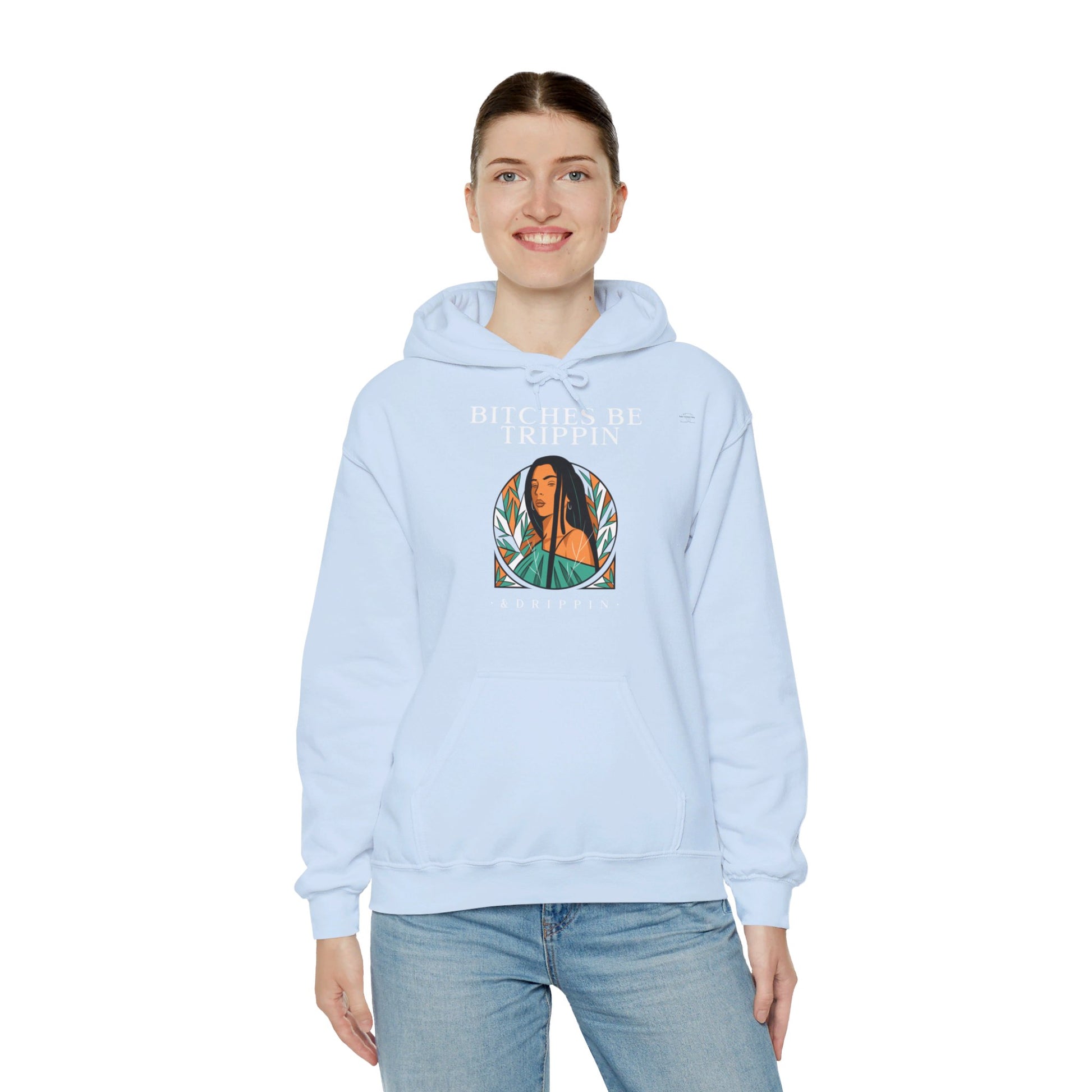 English 'Bitches be trippin & drippin', Native Woman Long hair - Unisex Heavy Blend Hoodie - Rude Translation Clothing