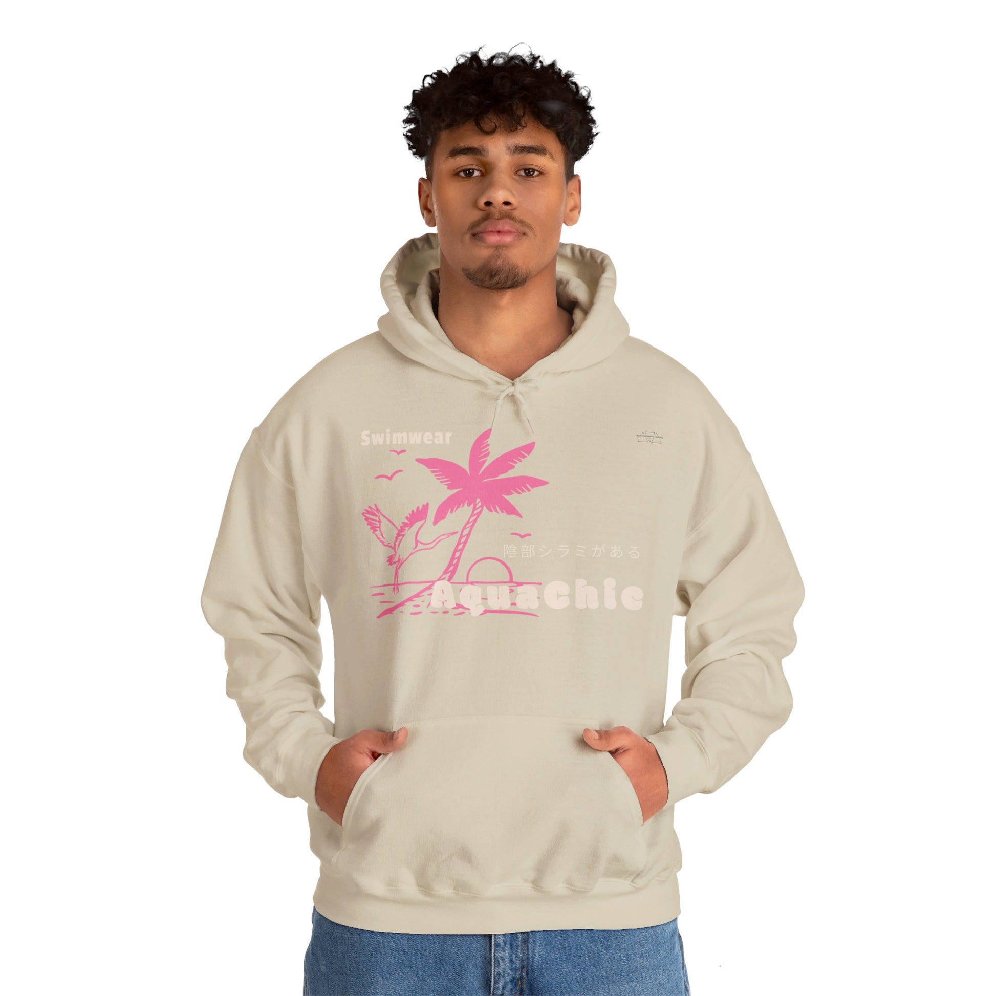 Japanese "I have genital lice" (Crabs), Pink Palm Tree Stork - Unisex Heavy Blend Hoodie - Rude Translation Clothing