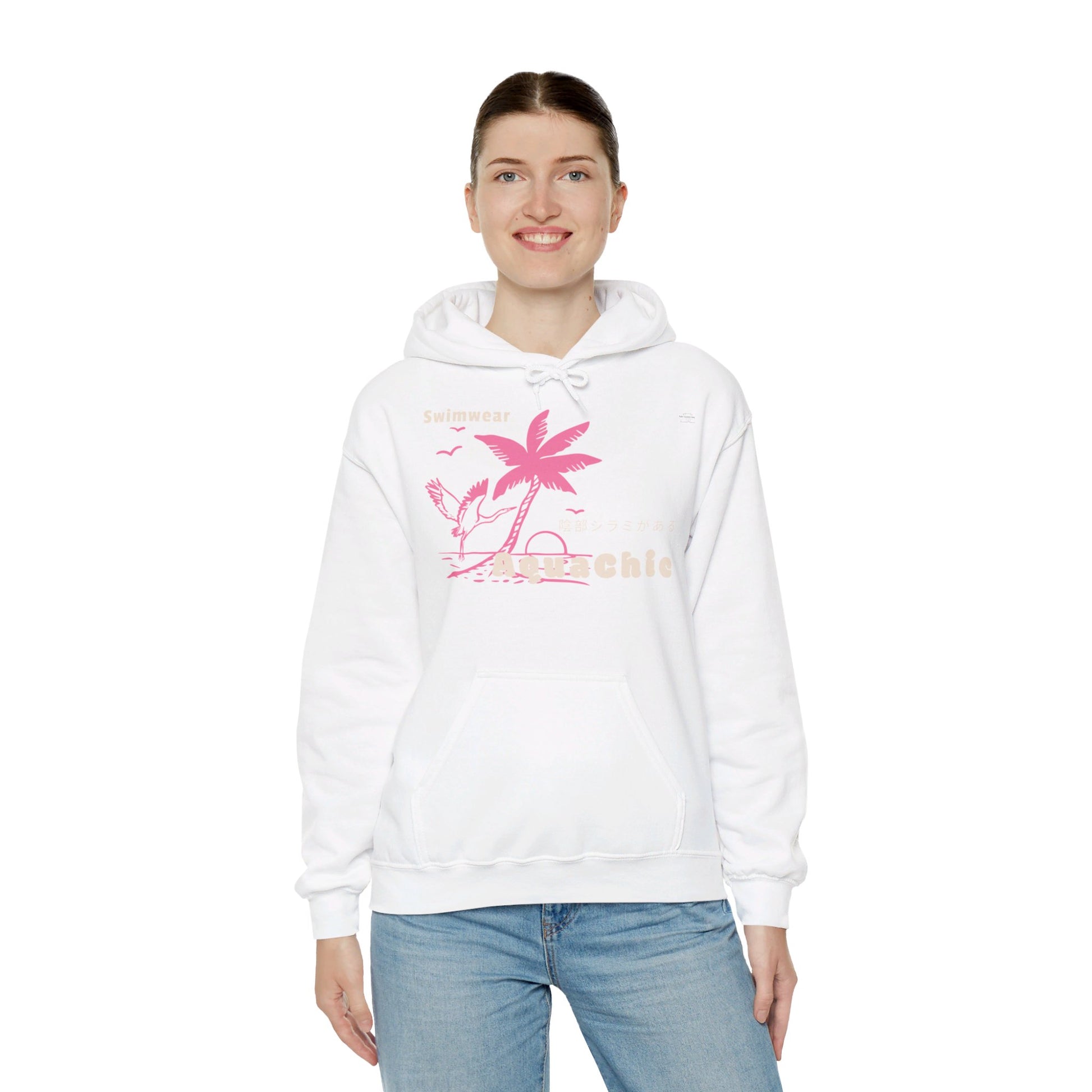 Japanese "I have genital lice" (Crabs), Pink Palm Tree Stork - Unisex Heavy Blend Hoodie - Rude Translation Clothing