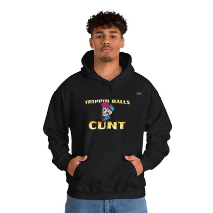 English 'Trippin balls cunt', Skull wearing cap - Unisex Heavy Blend Hoodie - Rude Translation Clothing