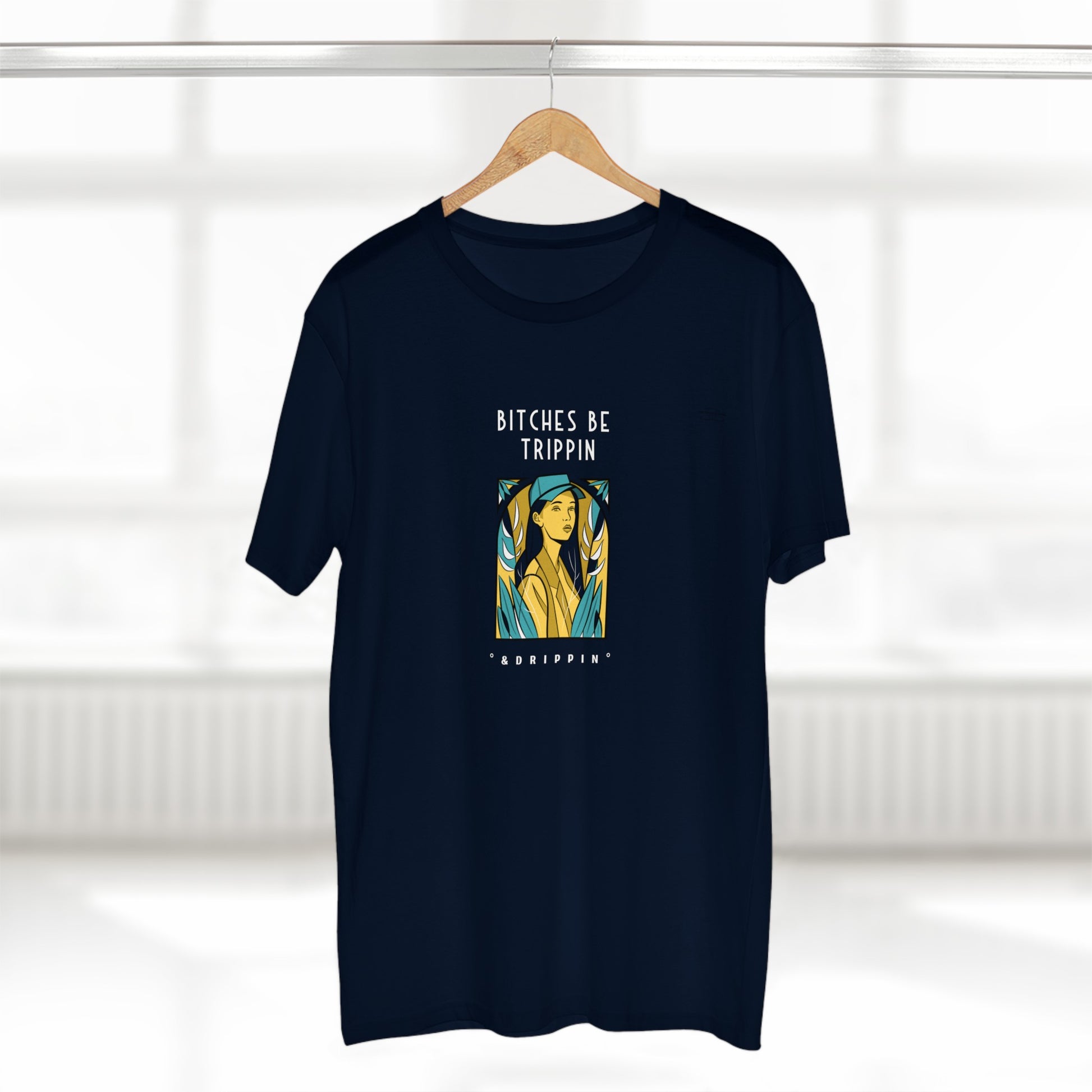 Blue Cap - Men's Staple Tee, English 'Bitches be trippin & drippin' - Rude Translation Clothing